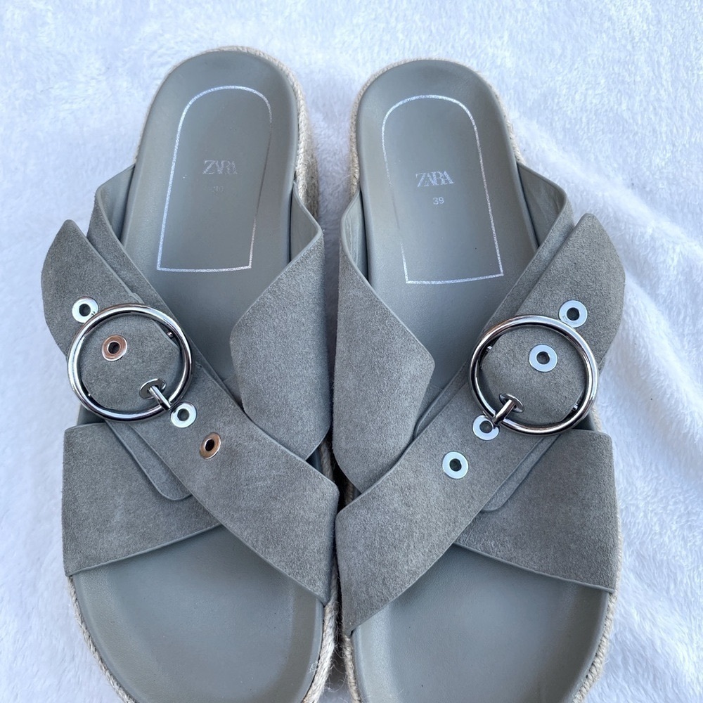 Zara Buckled Platform Sandal Khaki Women's Size 7.5